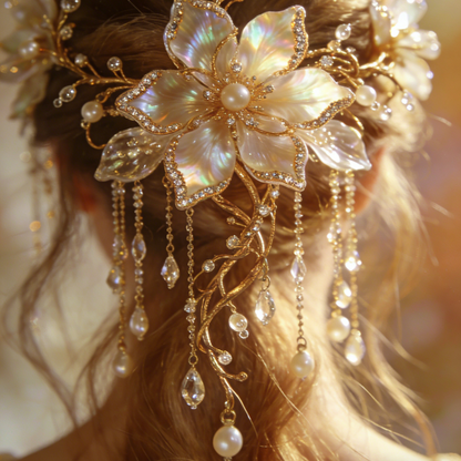Iridescent Mother-of-Pearl Flower Hair Piece - Vintage Bridal Hair Accessory with Crystal Tassels