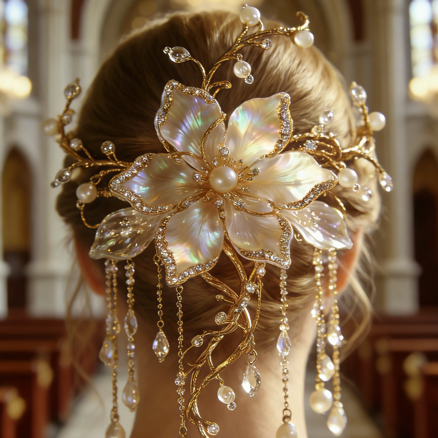 Iridescent Mother-of-Pearl Flower Hair Piece - Vintage Bridal Hair Accessory with Crystal Tassels