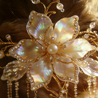 Iridescent Mother-of-Pearl Flower Hair Piece - Vintage Bridal Hair Accessory with Crystal Tassels